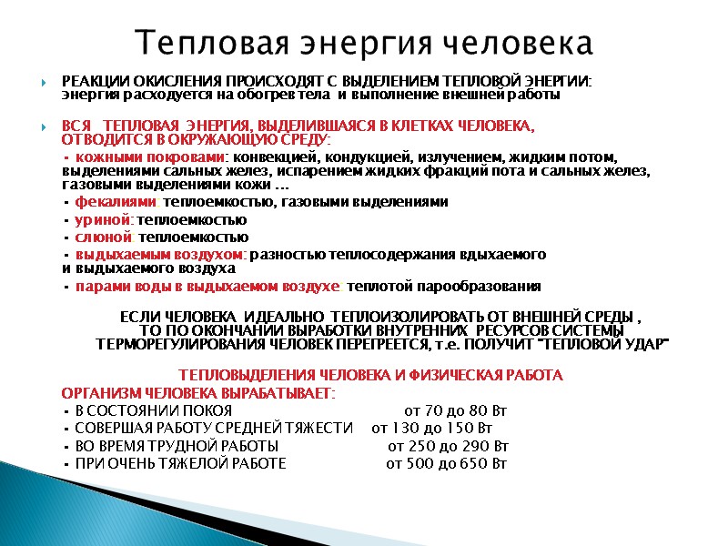 Тепловая энергия человека РЕАКЦИИ ОКИСЛЕНИЯ ПРОИСХОДЯТ С ВЫДЕЛЕНИЕМ ТЕПЛОВОЙ ЭНЕРГИИ: энергия расходуется на обогрев
